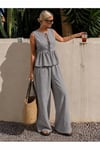 Kadın Dökümlü Peplum Bluz ve Pantolon Takımı