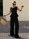 Kadın Dökümlü Peplum Bluz ve Pantolon Takımı - Siyah