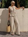 Kadın Dökümlü Peplum Bluz ve Pantolon Takımı - Bej