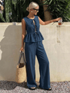 Kadın Dökümlü Peplum Bluz ve Pantolon Takımı - Lacivert