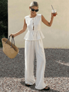 Kadın Dökümlü Peplum Bluz ve Pantolon Takımı - Beyaz