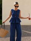 Kadın Dökümlü Peplum Bluz ve Pantolon Takımı - Lacivert