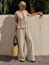 Kadın Dökümlü Peplum Bluz ve Pantolon Takımı - Bej