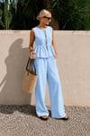 Kadın Dökümlü Peplum Bluz ve Pantolon Takımı