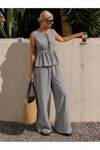 Kadın Dökümlü Peplum Bluz ve Pantolon Takımı - Gri