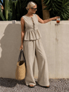 Kadın Dökümlü Peplum Bluz ve Pantolon Takımı - Bej