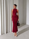 Kadın Drape Detaylı Yırtmaçlı Maxi Elbise - Bordo