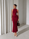 Kadın Drape Detaylı Yırtmaçlı Maxi Elbise - Bordo