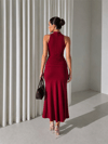 Kadın Drape Detaylı Yırtmaçlı Maxi Elbise - Bordo
