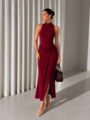 Kadın Drape Detaylı Yırtmaçlı Maxi Elbise - Bordo