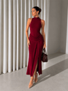 Kadın Drape Detaylı Yırtmaçlı Maxi Elbise - Bordo