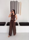 Kadın Düğme Detaylı Keten Görünümlü İkili Takım - Kahverengi