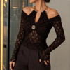 Kadın Gold Aksesuar Detaylı Dantel Bodysuit Bluz - Kahverengi