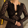 Kadın Gold Aksesuar Detaylı Dantel Bodysuit Bluz - Kahverengi