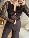 Kadın Gold Aksesuar Detaylı Dantel Bodysuit Bluz - Kahverengi