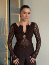 Kadın Gold Aksesuar Detaylı Dantel Bodysuit Bluz - Kahverengi