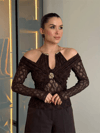 Kadın Gold Aksesuar Detaylı Dantel Bodysuit Bluz - Kahverengi