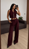 Kadın Gold Düğme Detaylı Yelek Pantolon Takım - Bordo