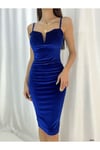KADIN İP ASKILI ARKASI YIRTMAÇLI KADİFE ELBİSE ZYN-58547 - MAVİ
