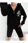 Kadın Kapüşonlu Fermuarlı Önü Ve Arkası Yazı Baskılı Oversize Sweatshirt - Siyah