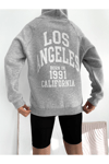 Kadın Kapüşonlu Fermuarlı Önü Ve Arkası Yazı Baskılı Oversize Sweatshirt - GRİ