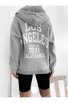 Kadın Kapüşonlu Fermuarlı Önü Ve Arkası Yazı Baskılı Oversize Sweatshirt - GRİ