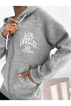 Kadın Kapüşonlu Fermuarlı Önü Ve Arkası Yazı Baskılı Oversize Sweatshirt - GRİ