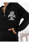Kadın Kapüşonlu Fermuarlı Önü Ve Arkası Yazı Baskılı Oversize Sweatshirt - Siyah