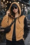 Kadın Kapüşonlu Fermuarlı Peluş Yelek ZYN-58816 - CAMEL
