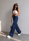 Kadın Kar Yıkamalı Yüksek Bel Plazzo Jeans ZYN-58729 - Koyu Indigo