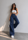 Kadın Kar Yıkamalı Yüksek Bel Plazzo Jeans ZYN-58729 - Koyu Indigo
