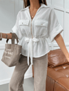 Kadın Kuşak Detaylı Fermuarlı Salaş Gömlek Bluz - Beyaz