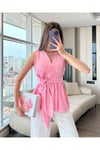 Kadın Kuşak Detaylı V Yaka Bluz - ZYN-58902 - PEMBE