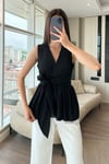 Kadın Kuşak Detaylı V Yaka Bluz - ZYN-58902 - SİYAH