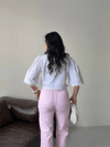 Kadın Nakış Detaylı Bağlamalı Crop Bluz - Beyaz, Pembe