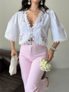 Kadın Nakış Detaylı Bağlamalı Crop Bluz - Beyaz, Pembe