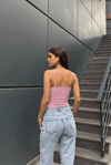 Kadın Ön Detaylı İp Askılı Crop Bluz - Pembe