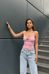 Kadın Ön Detaylı İp Askılı Crop Bluz - Pembe