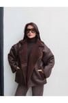 Kadın Oversize  Detaylı Deri Görünümlü Kaban - KAHVERENGİ
