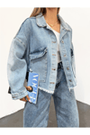 Kadın Oversize Gizli Büzgülü Denim Ceket Zyn-58391 - MAVİ
