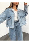 Kadın Oversize Gizli Büzgülü Denim Ceket Zyn-58391 - MAVİ