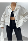 Kadın Oversize Gizli Büzgülü Denim Ceket Zyn-58391 - BEYAZ