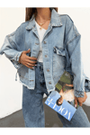 Kadın Oversize Gizli Büzgülü Denim Ceket Zyn-58391 - MAVİ