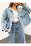 Kadın Oversize Gizli Büzgülü Denim Ceket Zyn-58391 - MAVİ