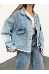 Kadın Oversize Gizli Büzgülü Denim Ceket Zyn-58391 - MAVİ