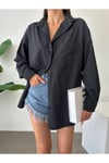 Kadın Oversize Uzun Dokuma Gömlek - Siyah
