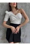 KADIN PRENSES KOLA TEK OMUZ CREP CROP BLUZ ZYN-58627 - BEYAZ