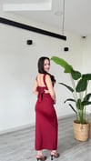 Kadın Sırt Dekolteli Yırtmaç Detaylı Midi Elbise - Bordo