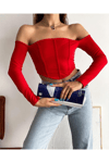 Kadın Sırtı Fermuarlı Omuzları Açık Crop Bluz Zyn-58412 - KIRMIZI