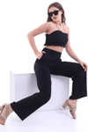 Kadın Straplez Crop Bluz ve Yüksek Bel Pantolon Takım NSA-58029 - SİYAH